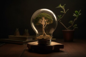 Artwork depicting a tree growing inside a light bulb, promoting eco-friendly practices and fighting global warming. Generative AI