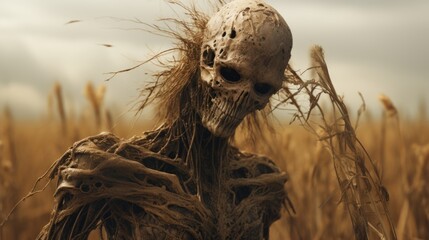 Naklejka na ściany i meble Evil scarecrow zombie in middle of a farm corn field with rotting sun bleached flesh, every farmers worst nightmare when sunset turns to darkness and terrifying horror stalks the night - generative AI