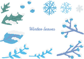 Blue color snow-capped winter plants and holly leaves decoration, hand drawn illustration set / 青カラーの雪がかぶった冬の植物とヒイラギの葉の装飾、手描きのイラストセット