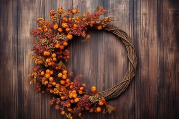 rustic wooden background with a handmade fall wreath