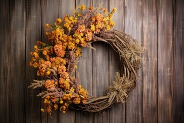 rustic wooden background with a handmade fall wreath