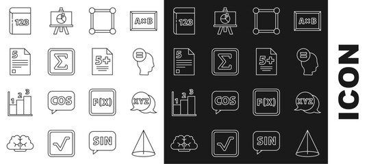 Set line Graph, schedule, chart, diagram, Calculator, Test exam sheet, Chalkboard with, Geometric figure Square, Infinity, and pen and icon. Vector