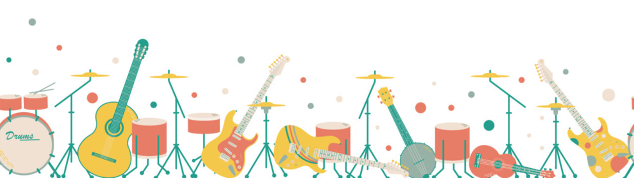 Vector long banner with musical instruments. Rock band includs drum, cimbals, electric guitars or amps, banjo, ukulele