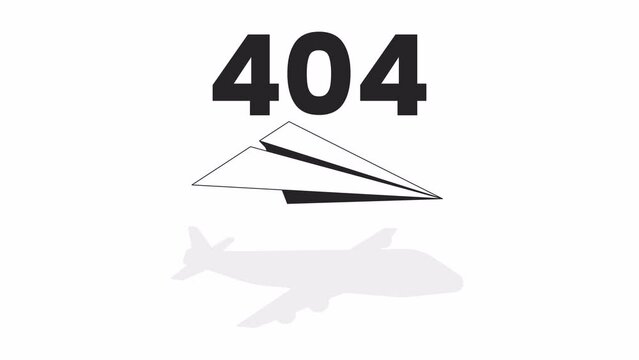 Flying paper airplane casting shadow black and white error 404 animation. Paper plane flight error message gif, motion graphic. Vision aircraft animated object linear 4K video isolated on white