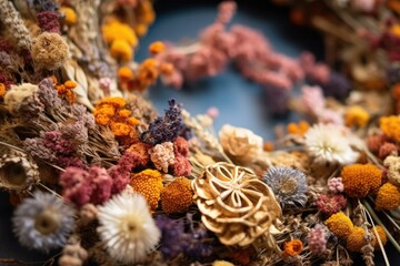 detailed shot of a wreath with colorful dried flowers