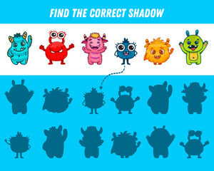 Obraz premium Find correct shadow of monsters. Educational logical game for kids. Cartoon monster. 