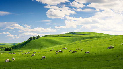 Fototapeta na wymiar Sunny Day Grazing: Cows on Green Meadow