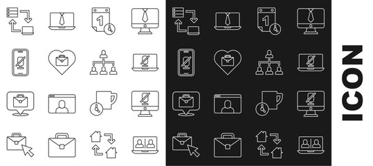 Set line Video chat conference, Mute microphone computer, laptop, Time management, Heart with text work, mobile, Online working and Hierarchy organogram chart icon. Vector