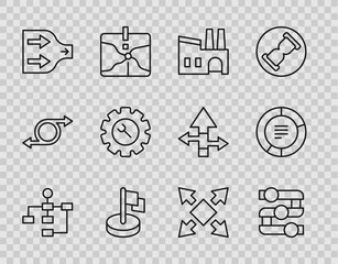 Set line Hierarchy organogram chart, Graph, chart, diagram, Factory, Flag, Arrow, Wrench and gear, Many ways directional arrow and Pie infographic icon. Vector