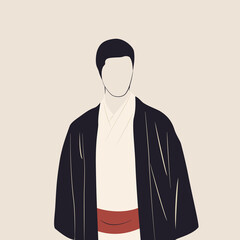 Japończyk w tradycyjnej odzieży. Młody człowiek w kimonie. Ilustracja wektorowa w stylu minimalistycznym. - obrazy, fototapety, plakaty