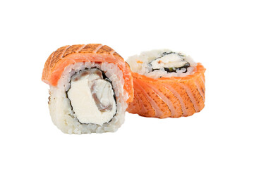 Sushi closeup isolated on white background. Sushi roll baked with red fish, trout, Philadelphia cheese and eel. Japanese restaurant menu.