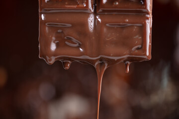 Melted chocolate drips down on a brown background.