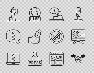 Set line Information, Drone, Television report, Journalist news, Antenna, News and Breaking icon. Vector