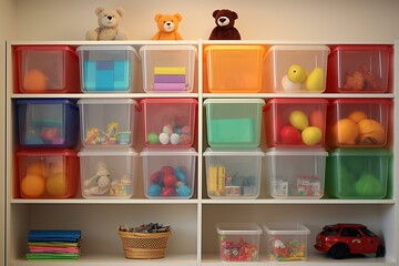 Shelving, storage baskets, transparent boxes, children room, rainbow toys, stylish baskets, plastic containers, organizing, storage, playroom, interior design. Generative AI