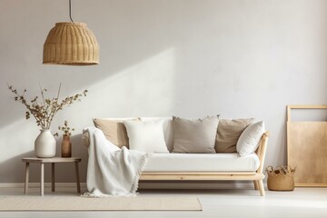 Scandinavian living room: wooden table, floor lamp, wicker basket, white sofa on beige background. Generative AI