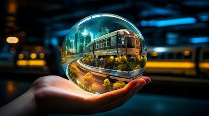 Craft an image of a glass globe with a holographic projection of sustainable transportation modes, including electric vehicles and high-speed trains