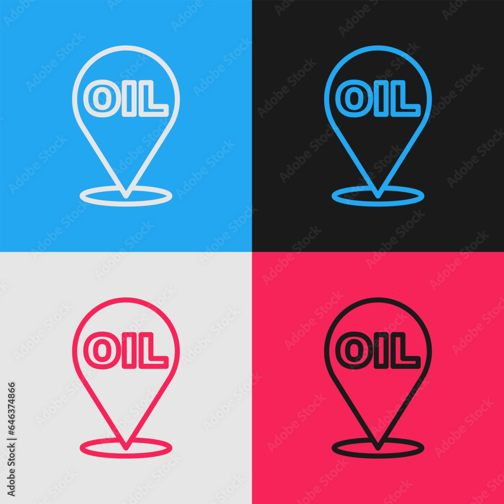 Poster pop art line refill petrol fuel location icon isolated on color background. gas station and map poin