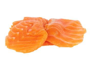 Salmon slices isolated on white background with clipping path, red fish slices, ingredient for sushi or salad, macro