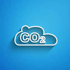 White line CO2 emissions in cloud icon isolated on blue background. Carbon dioxide formula, smog pollution concept, environment concept. Long shadow. Vector