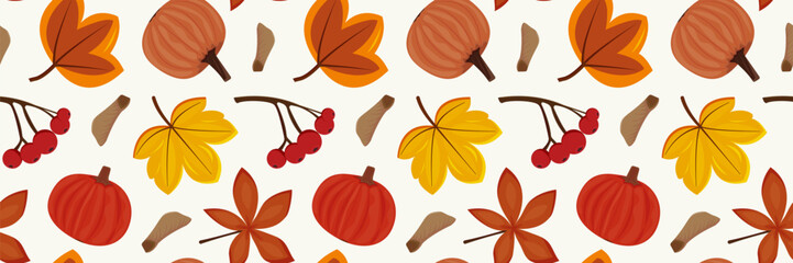 Seamless pattern with orange pumpkins and leaves. Isolated on white background. Design of wallpaper, wrapping paper, bedding, cover. Vector illustration. cartoon style.