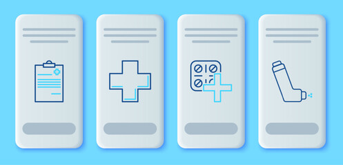 Set line Cross hospital medical, Pills in blister pack, Medical clipboard with clinical record and Inhaler icon. Vector