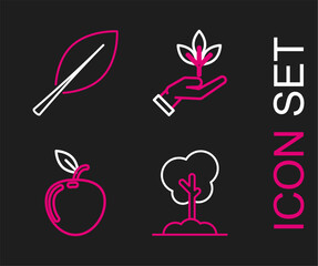 Set line Tree in the ground, Apple, Plant hand of environmental protection and Leaf icon. Vector
