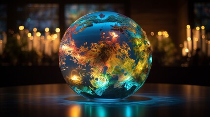 Craft an image of a glass globe as the centerpiece of a renewable energy-themed art installation, surrounded by interactive elements