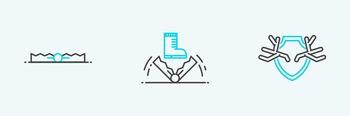 Set line Deer antlers on shield, Trap hunting and icon. Vector