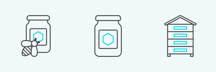Obraz premium Set line Hive for bees, Jar of honey with and icon. Vector