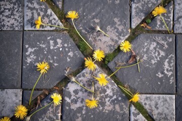 cracked pavement with multiple dandelions growing in pattern