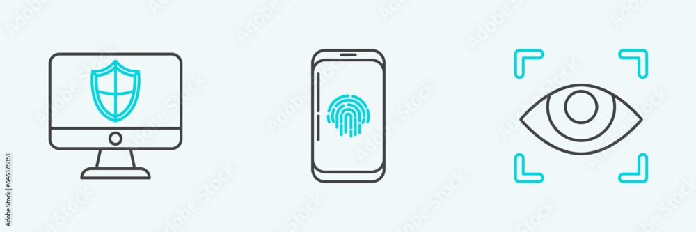 Poster set line eye scan, computer monitor and shield and smartphone with fingerprint scanner icon. vector