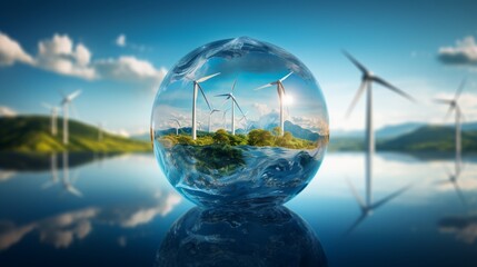 Create a captivating image of a glass globe emerging from a crystal-clear lake, mirroring the surrounding wind turbines, illustrating the harmony of water and wind energy