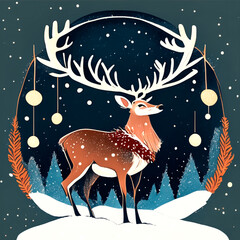 Christmas greeting card with deer and snowflakes.