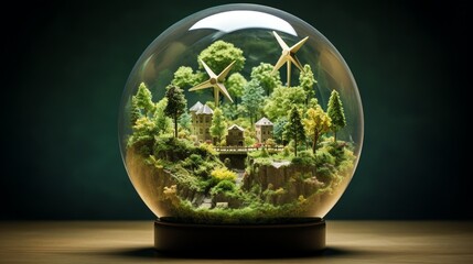 Create a captivating scene of a glass globe on a lush forest floor, with miniature wind turbines sprouting like flowers around it, symbolizing the growth of wind energy