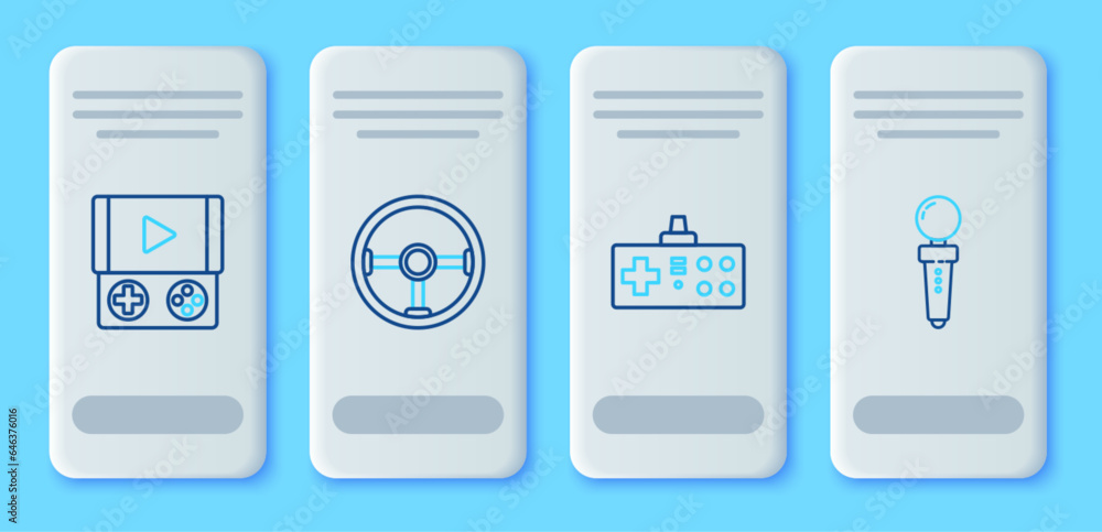 Poster set line steering wheel, gamepad, portable video game console and joystick for arcade machine icon. 