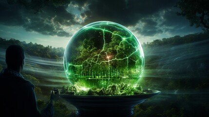 Create a futuristic scene featuring a glass globe illuminated by a laser beam, symbolizing the precision and innovation in green energy research