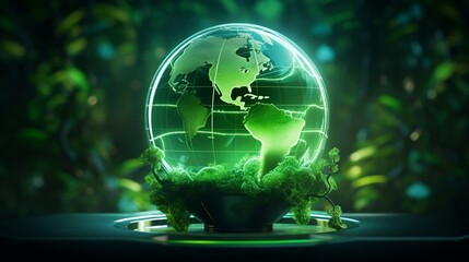 Create a futuristic scene featuring a glass globe illuminated by a laser beam, symbolizing the precision and innovation in green energy research