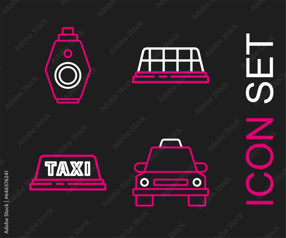 Sticker Set line Taxi car, roof, and Car key with remote icon. Vector