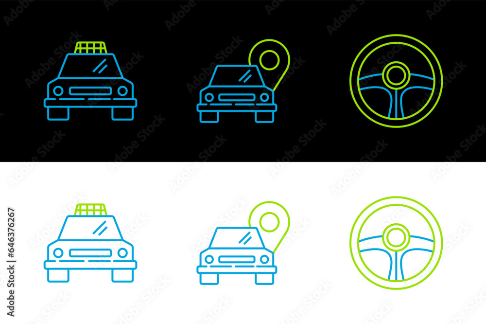 Poster set line steering wheel, taxi car and map pointer with taxi icon. vector
