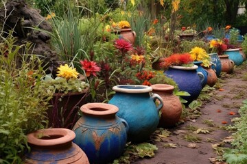 colorful drying clay pots in a garden