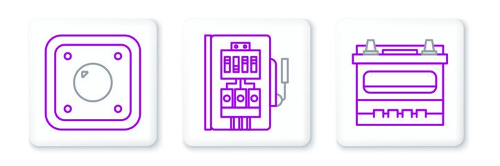 Set line Car battery, Electric light switch and Electrical panel icon. Vector