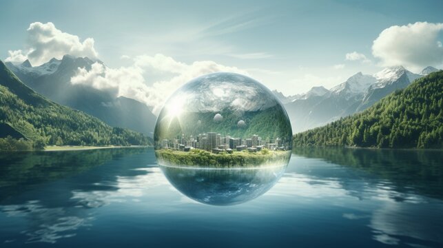 Create a mesmerizing image of a glass globe suspended above a serene mountain lake, with solar panels on the nearby hillsides harnessing the power of the sun