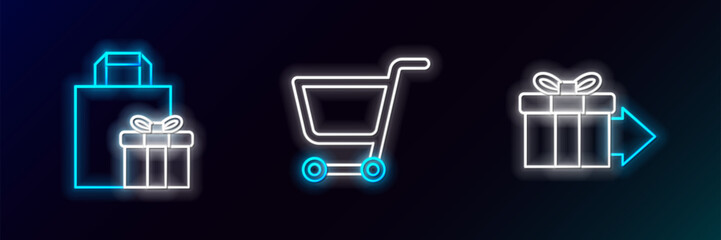 Set line Gift box, and Shopping cart icon. Glowing neon. Vector © Oksana