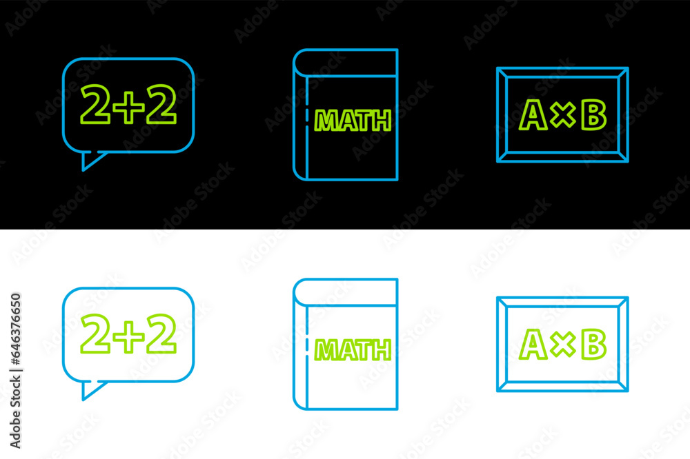 Poster set line chalkboard, equation solution and book with word mathematics icon. vector