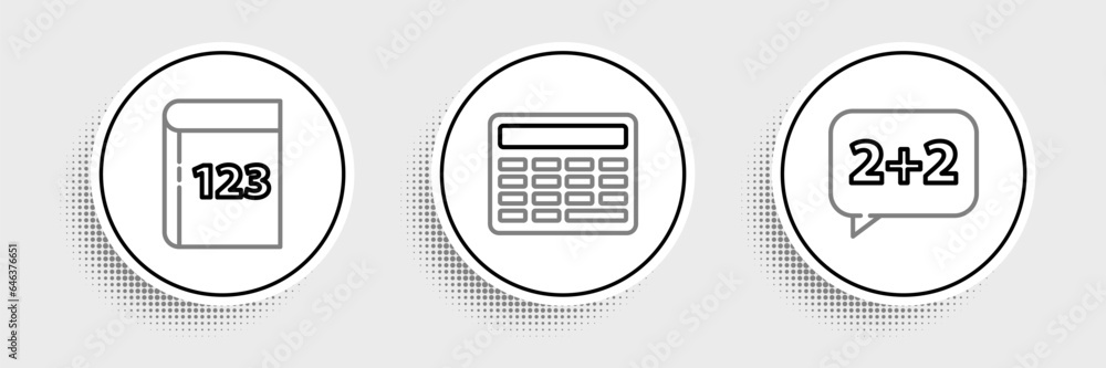 Aufkleber set line equation solution, book with word mathematics and calculator icon. vector