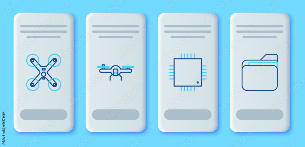 Poster set line drone flying, processor with microcircuits cpu, and document folder icon. vector