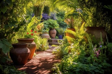sunlit clay pots amid vibrant greenery in a garden