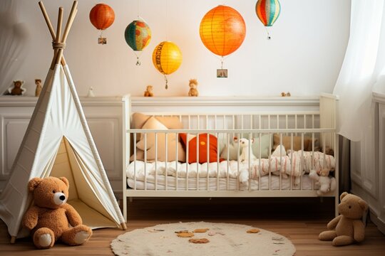 A childs room with a tent and doll, leaving room for creative text