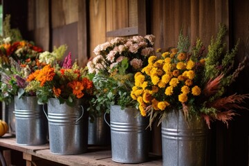 galvanized buckets filled with vibrant fall flowers and foliage