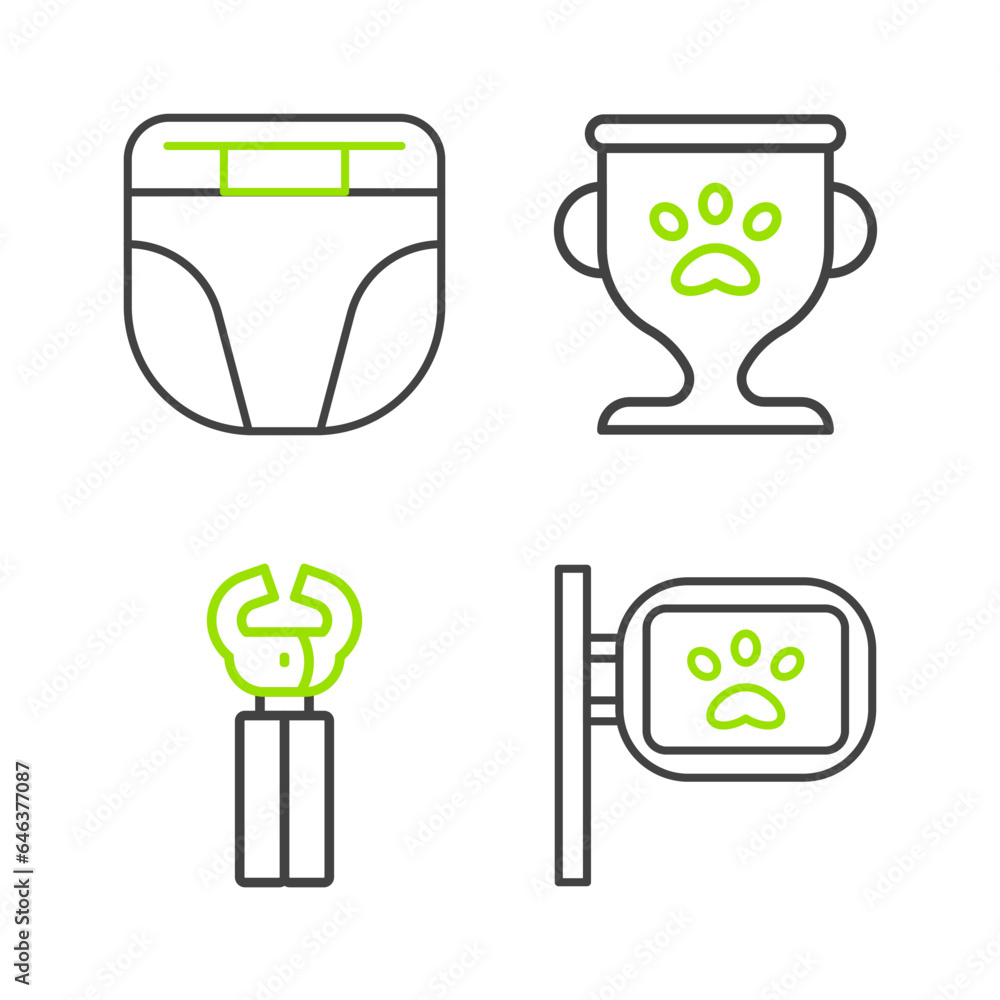 Sticker Set line Pet grooming, nail clippers, award and Diaper for dog icon. Vector